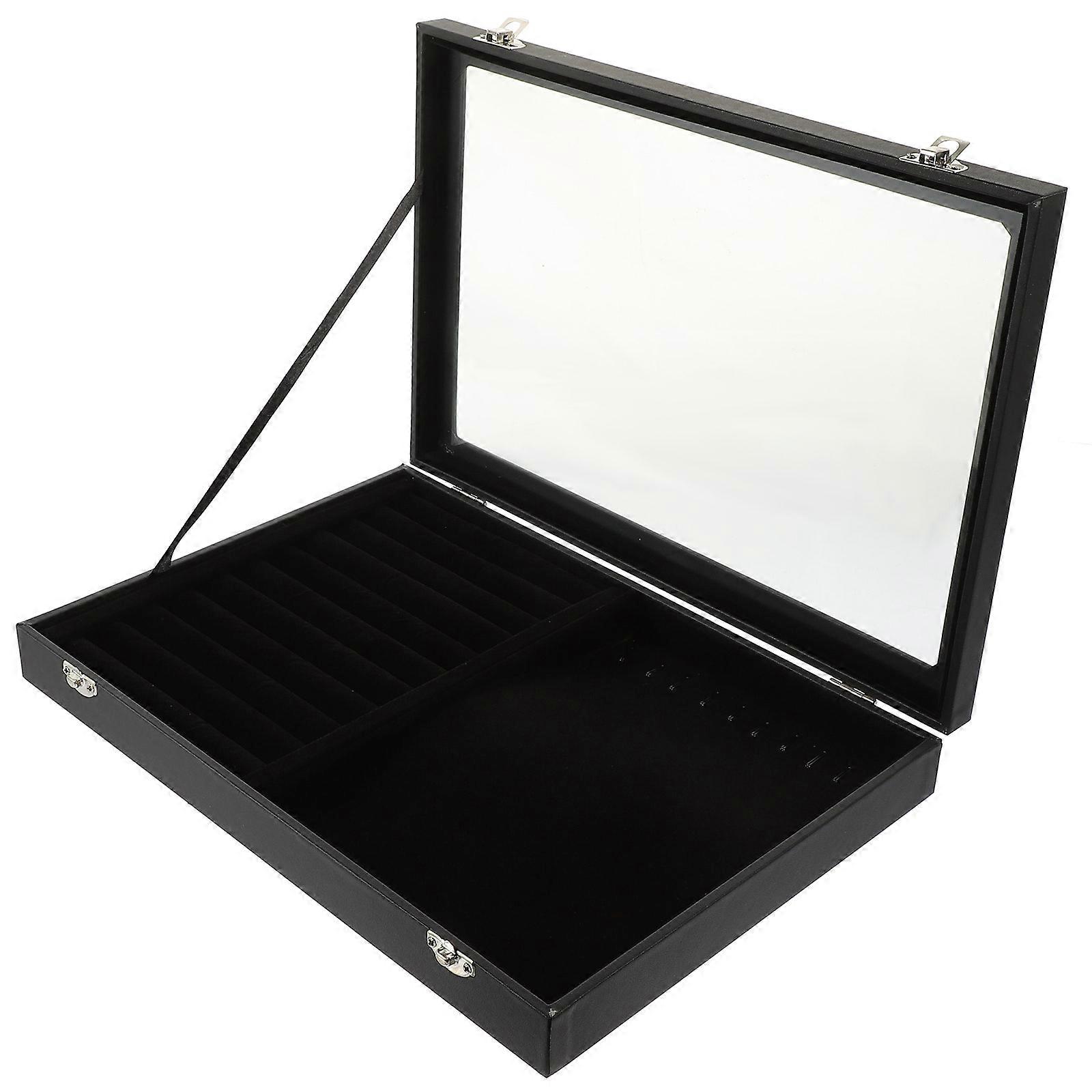 Jewelry Display Box 2Pcs With Clear Glass Cover For Home Storage Black Rectangular Case With Dust Protection