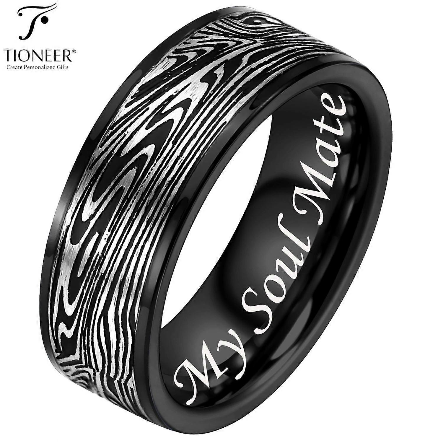 Tioneer Tungsten Carbide Band w/ Flowing River Damascus Design 8mm Ring in Black or Blue
