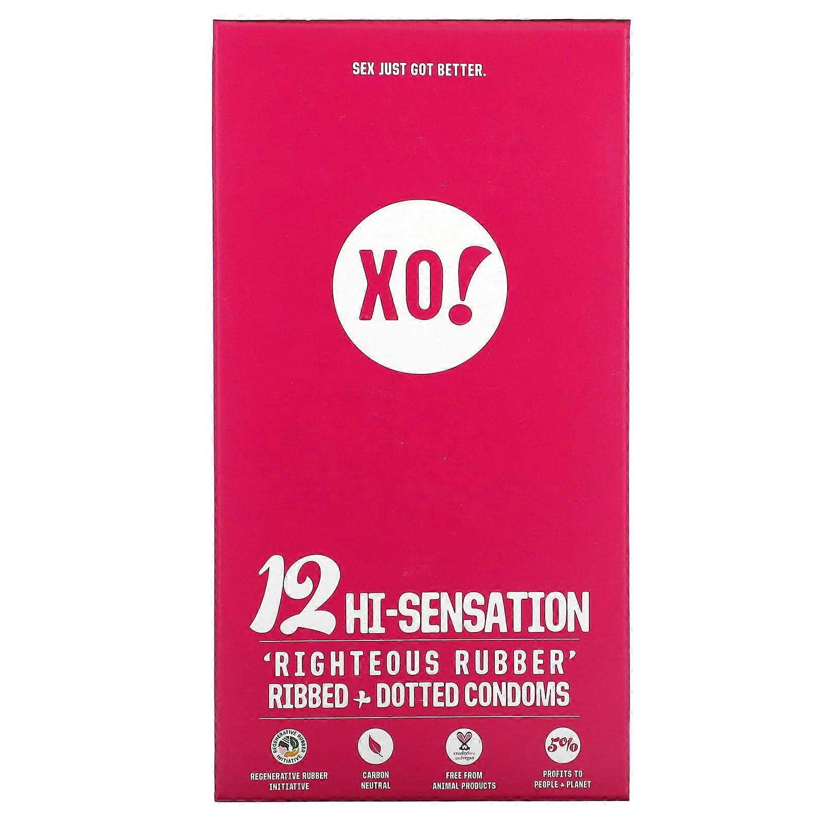 XO! Righteous Rubber Ribbed + Dotted Condoms, Unscented, 12 Condoms