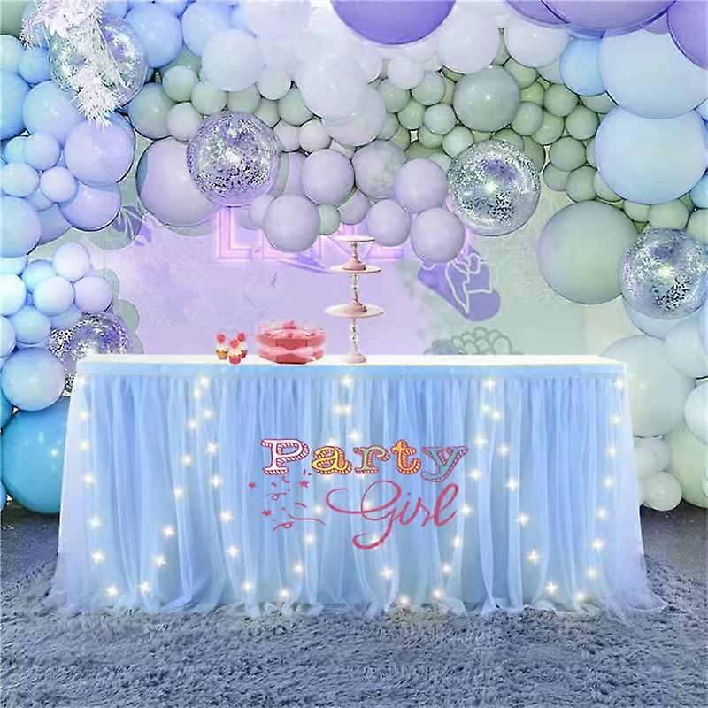 Light Blue Tutu Fluffy Tulle Table Skirt 4/6/9/14 Ft, 3Layer Rectangle, 77 cm, LED Compatible Party Decor