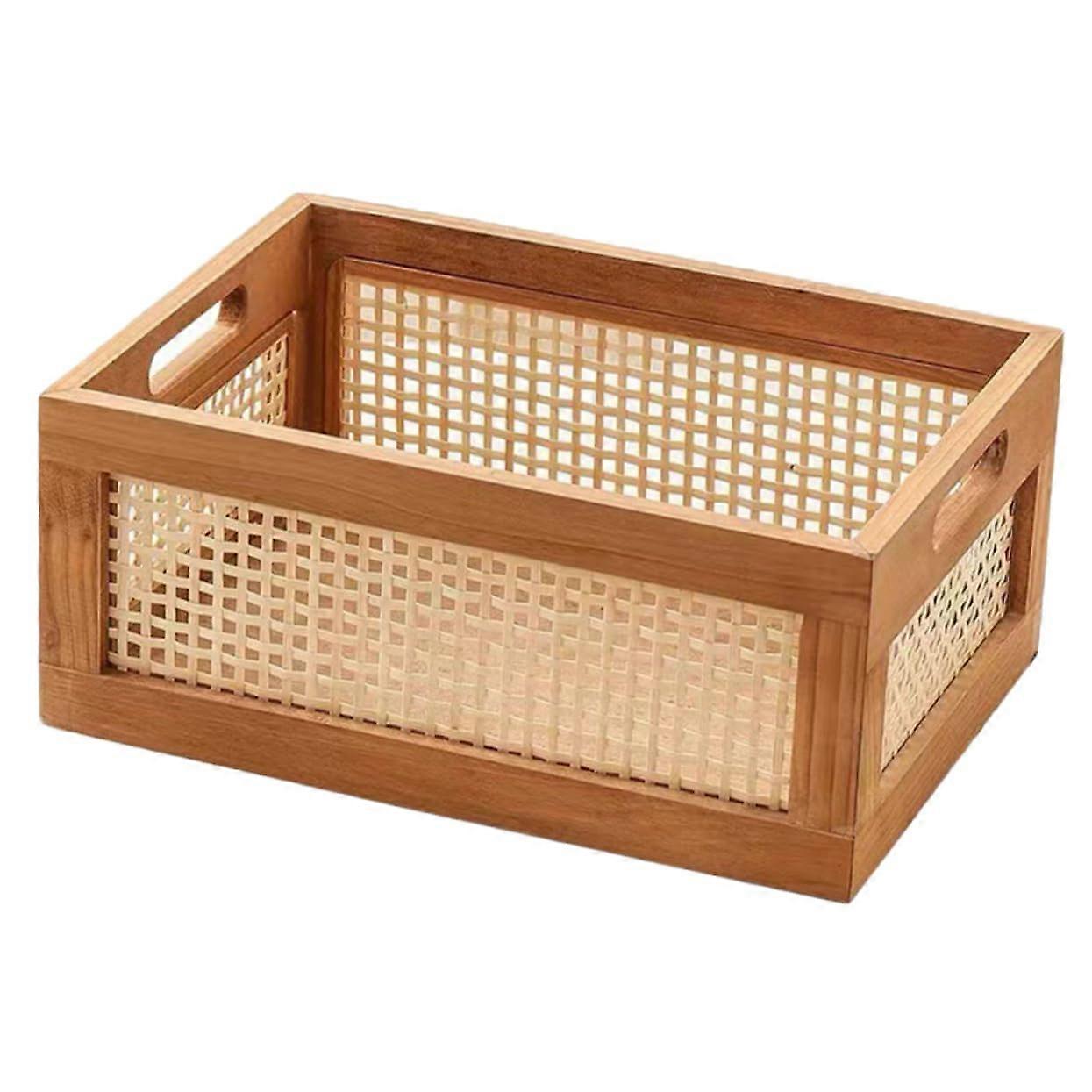 Retro Wooden Storage Box Woven Basket For Home Organization And Multifunctional Storage Holder