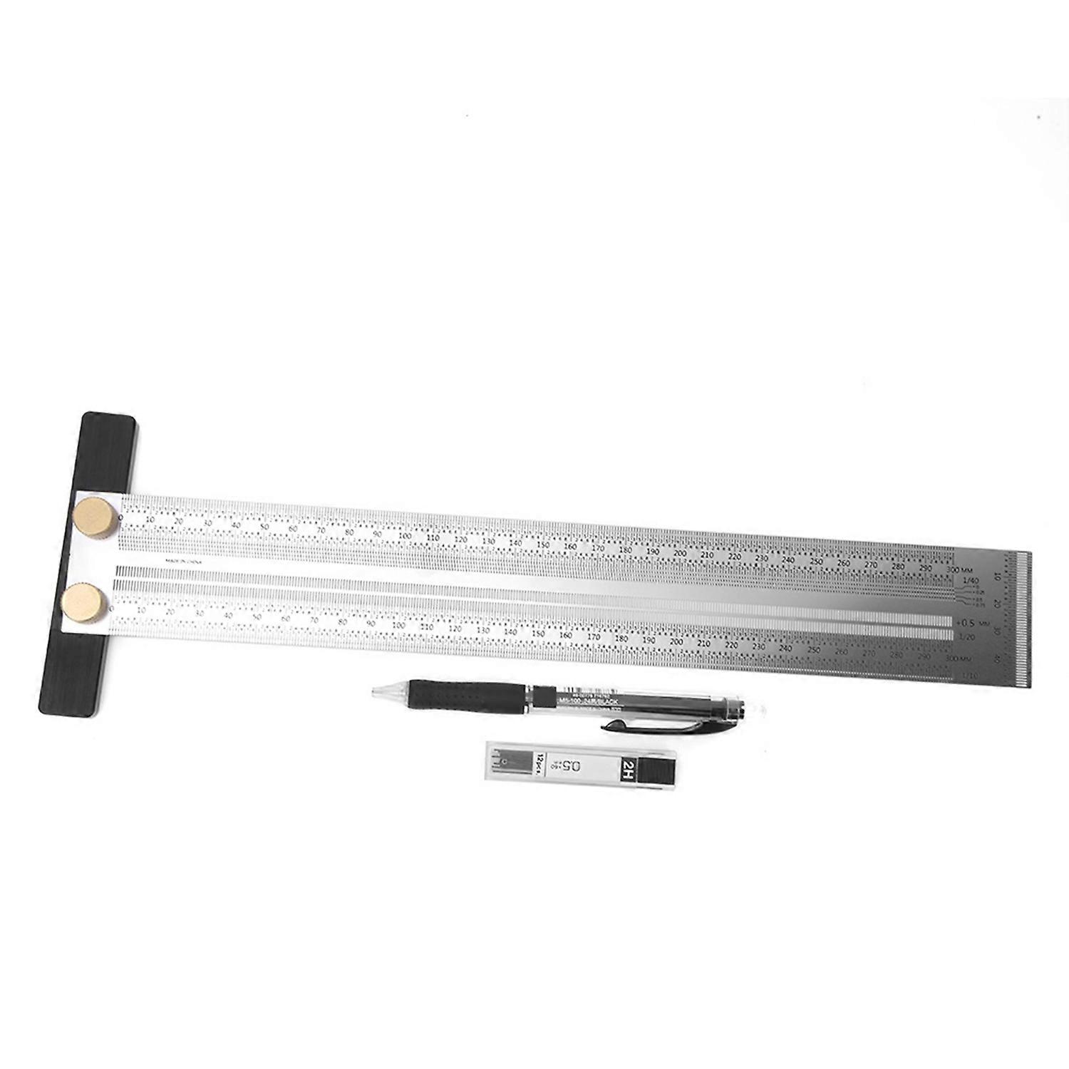 Stainless Steel T Type Hole Ruler Scribing Gauge Woodworking Marking Tool with Automatic Pencil300mm