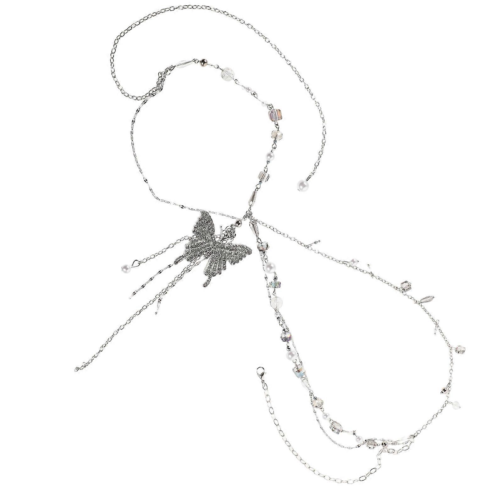 Women Rhinestone Waist Chain Silver Adjustable Multi-Layer Butterfly