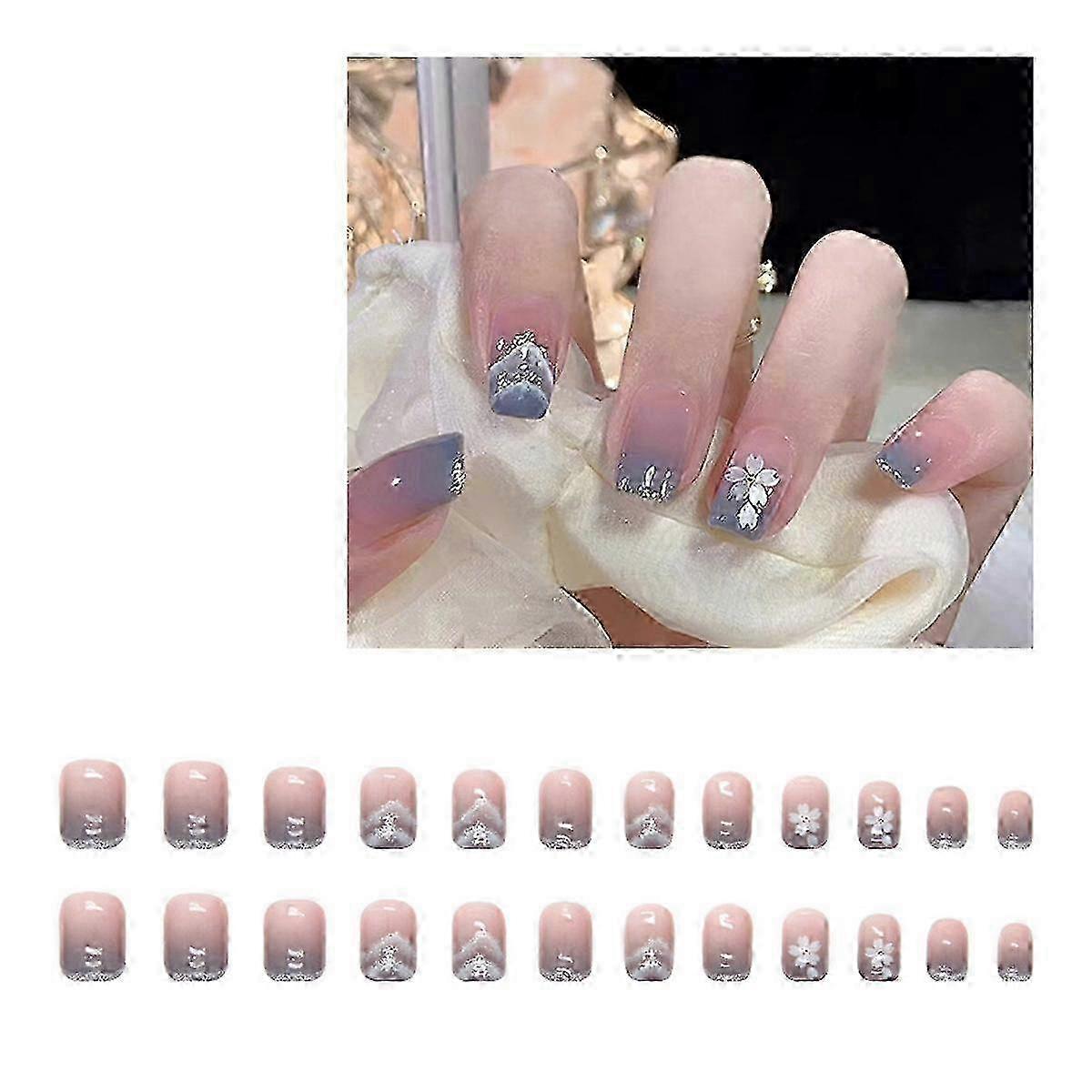2025 Gray Artificial Nails, Perfect For Daily Activities, Unique Design With Bling Glitter Acrylic Nails, Short Square Press On Nails, Wearable For We