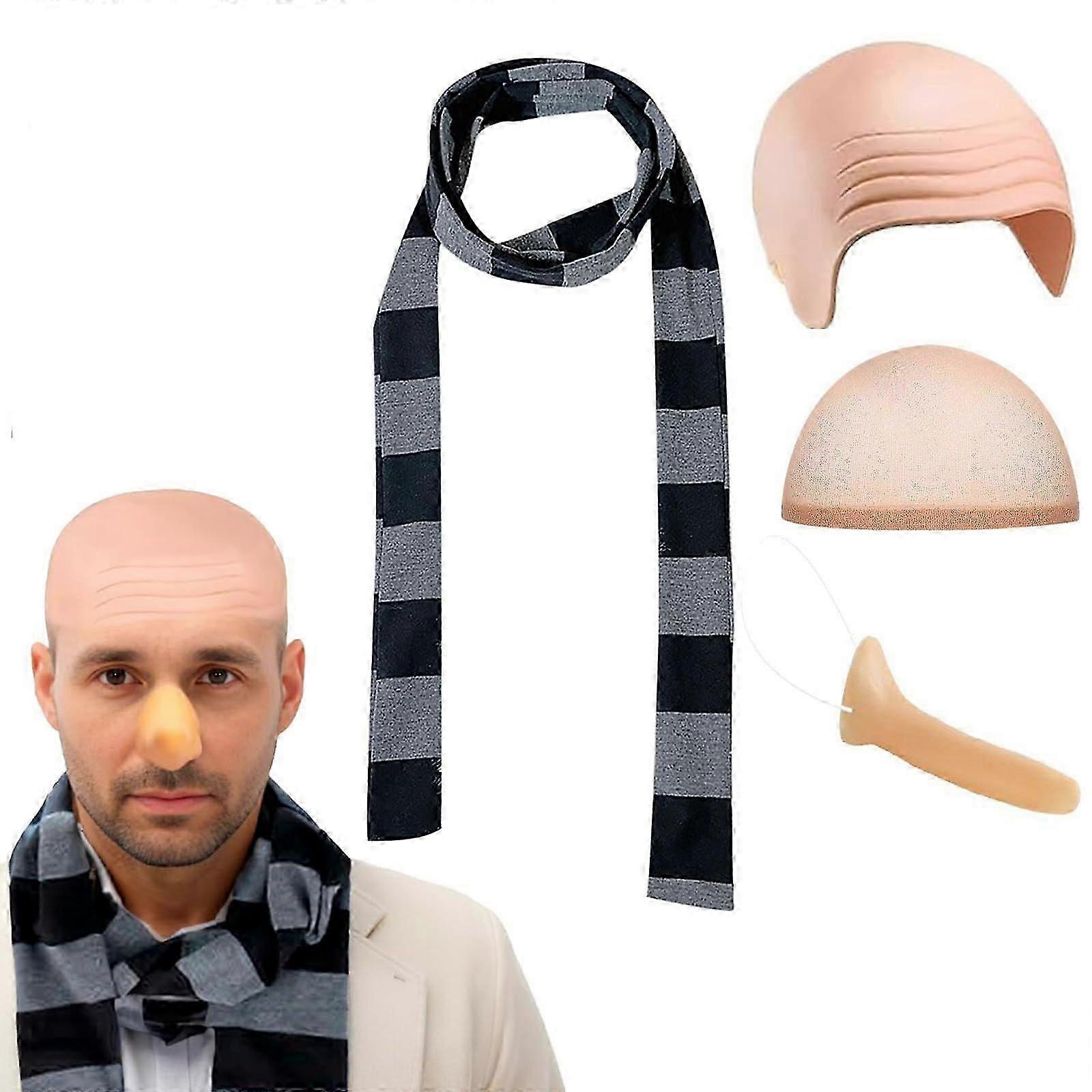 Ensemble de 4 pièces pour adulte pour Halloween : bonnet chauve, perruque à long nez, foulard rayé, cosplay