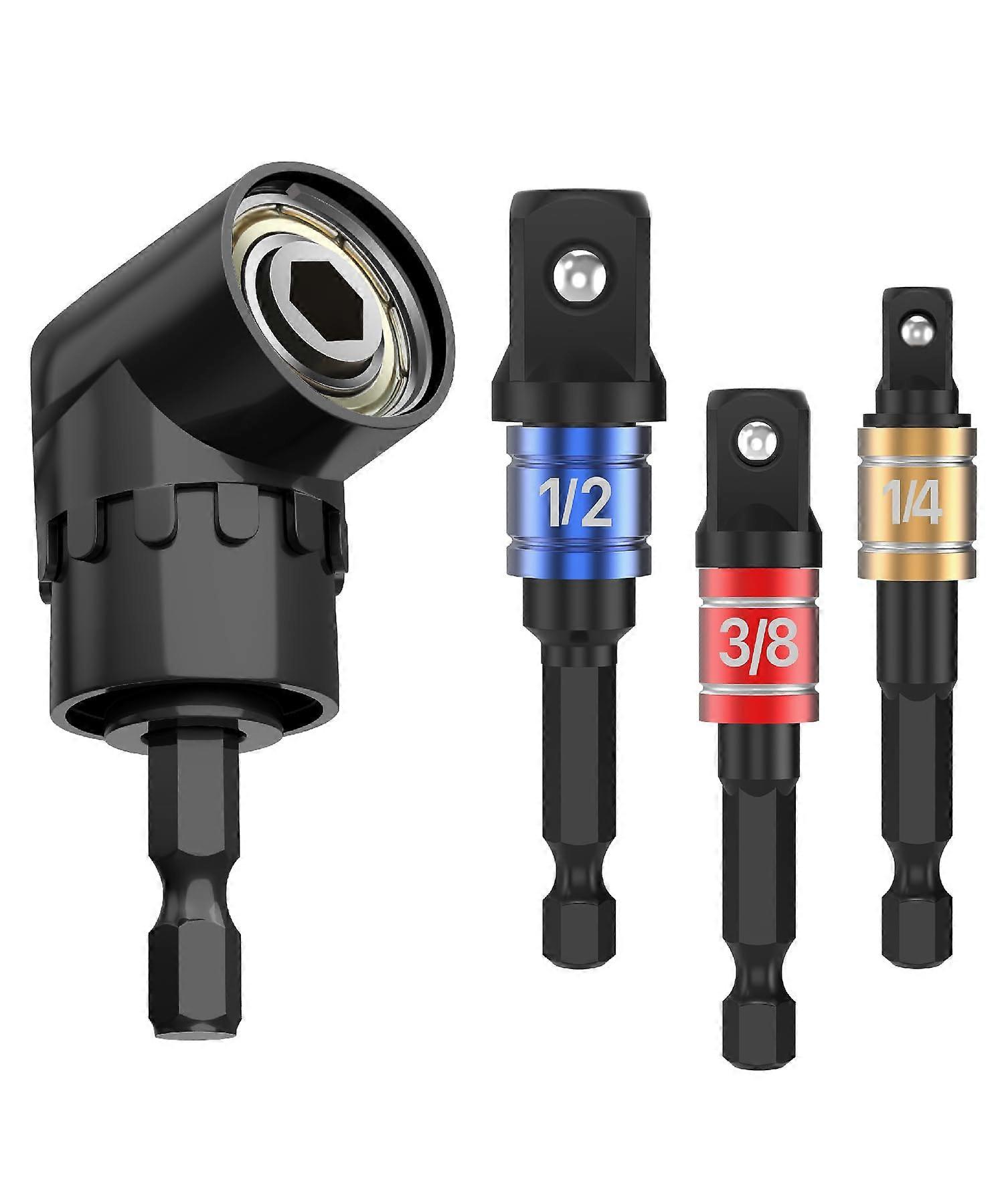 Impact Socket Adapter Set with 105° Right Angle Drill Attachment, Magnetic Bit Retention, 1/4 3/8 1/2 Inch MultiSize Kit