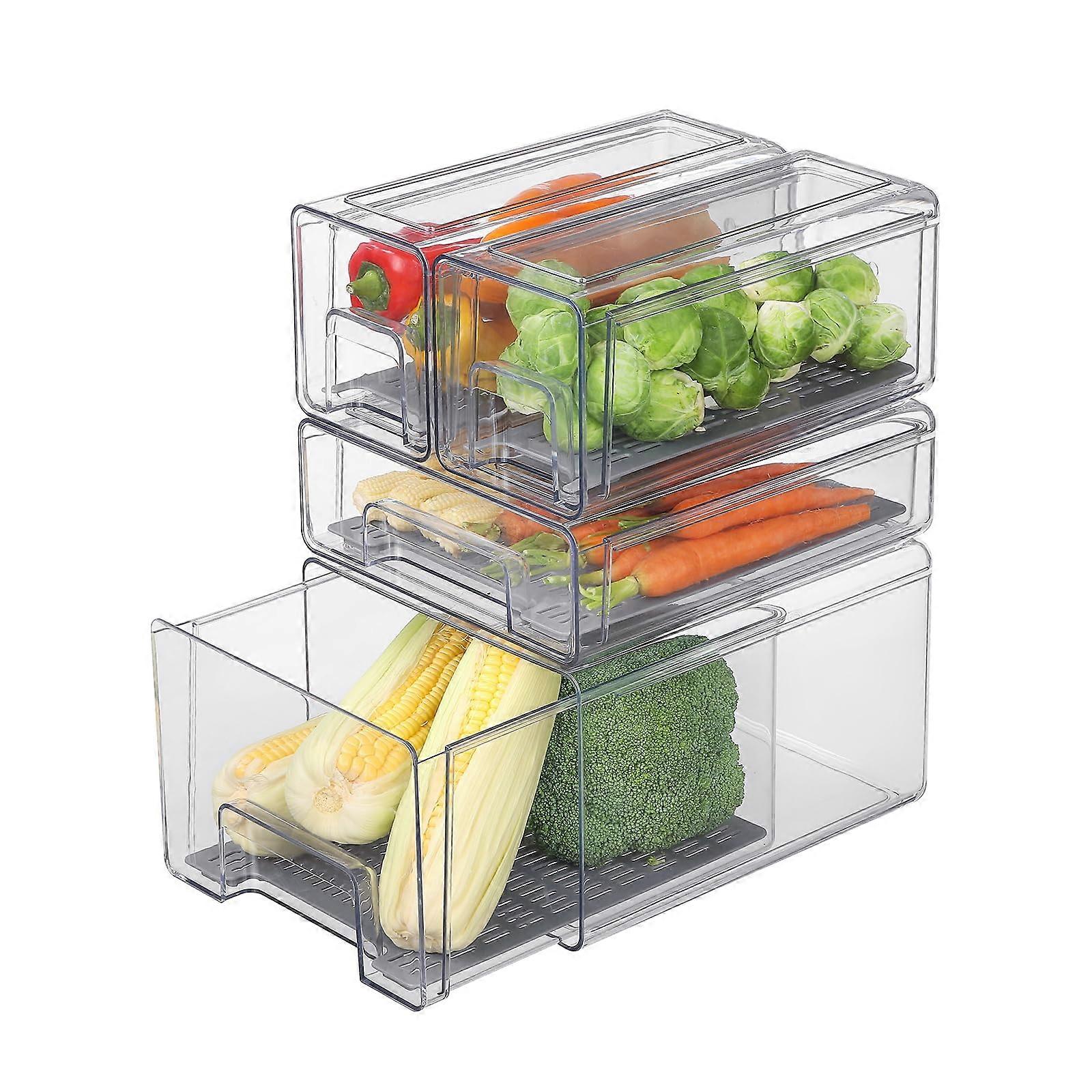 Fridge Storage Organizer Clear Stackable Bins with Drawers and Drainer for Kitchen Fruit and Veggies Set 2 Small 1 Medium 1 Large