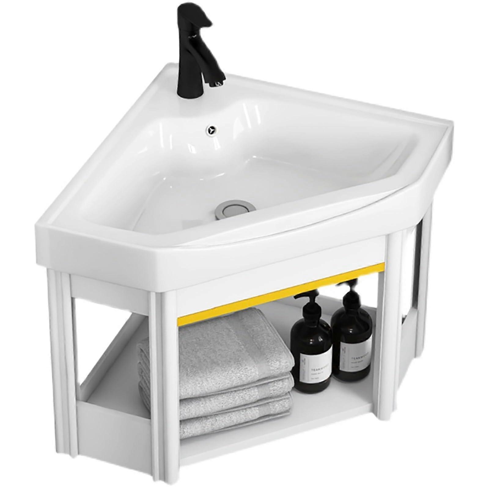 Small Corner Bathroom Sink with Cabinet, Wall Mounted SpaceSaving Design, White 16.5in Ceramic Basin Ref:4620