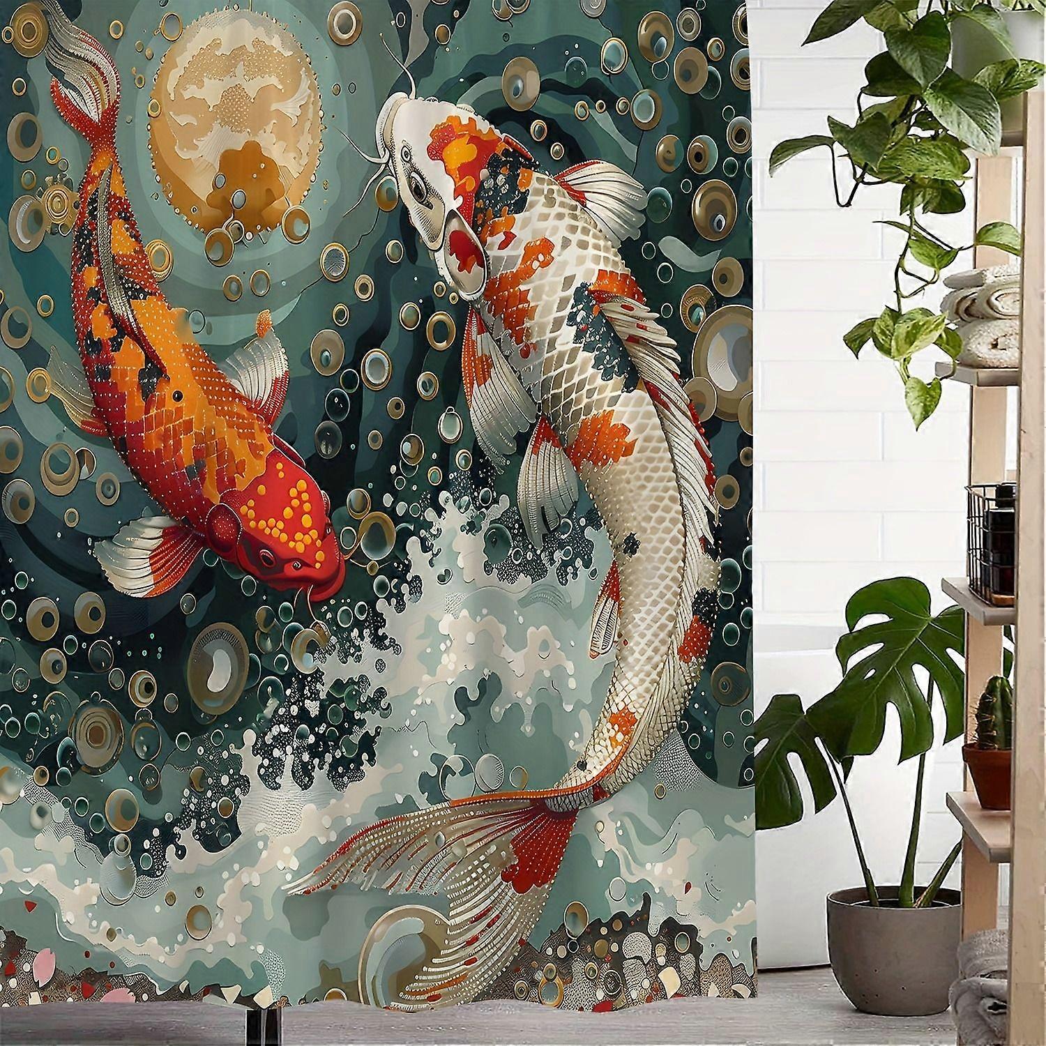 Waterproof Polyester Shower Curtain with Koi Fish Artwork