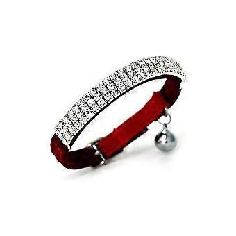 Bling Diamante Adjustable Collar with Soft Velvet Safe Cat Bells, 11 Inches compatible with Small Dogs and Cats (Red)