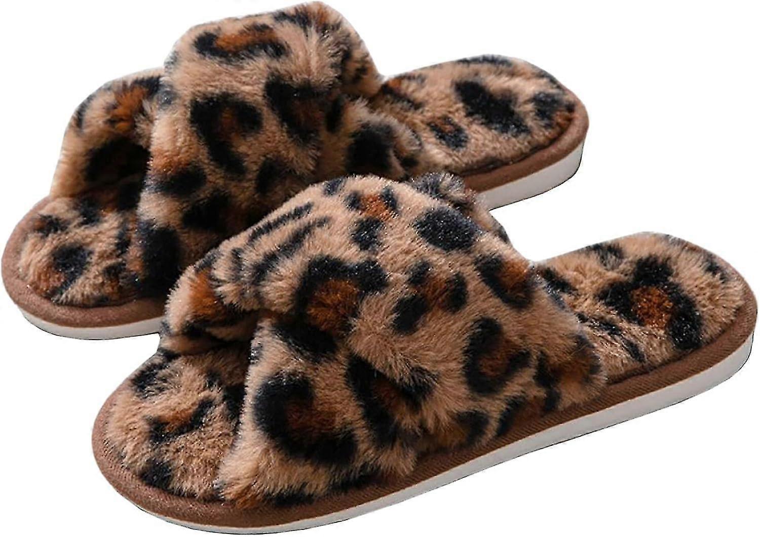 Leopard Print Furry House Hjemmesko, Kvinder Cross Band Åben tå hjemmesko 2