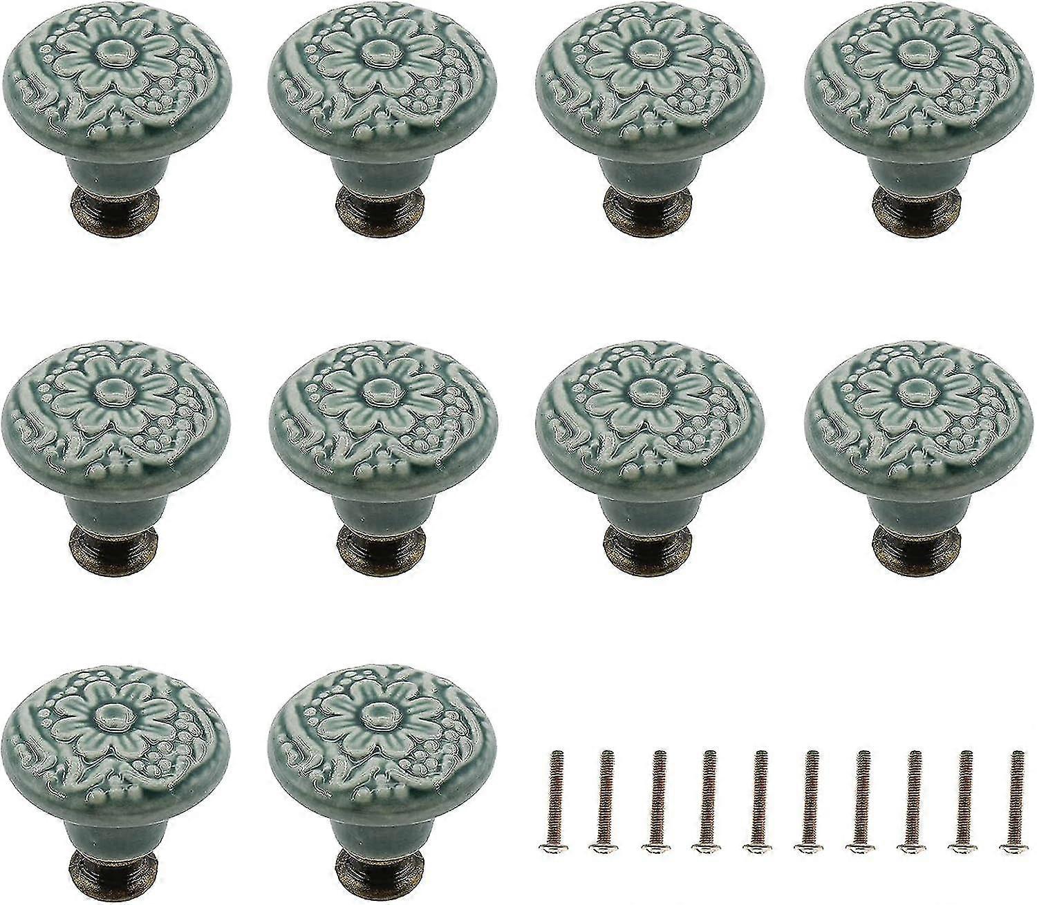 Decorative Ceramic Drawer Knobs - 10 Pack (Green)