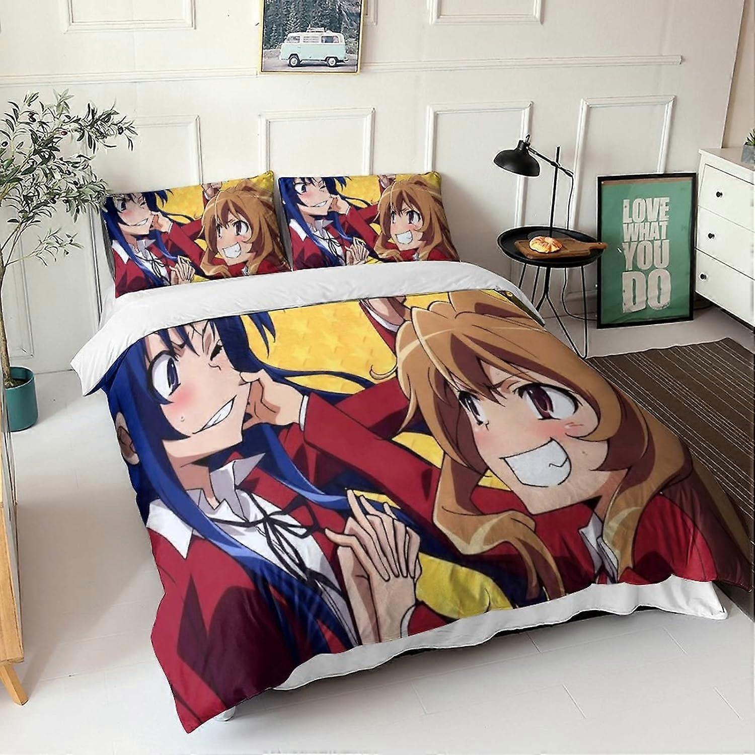 Toradora 3D Printed Duvet Cover, 3 Piece Sets, Tora-Dora Microfiber Bedding Set with Pillowcase Zipper Closure for Adults and Children Double Duvet Co
