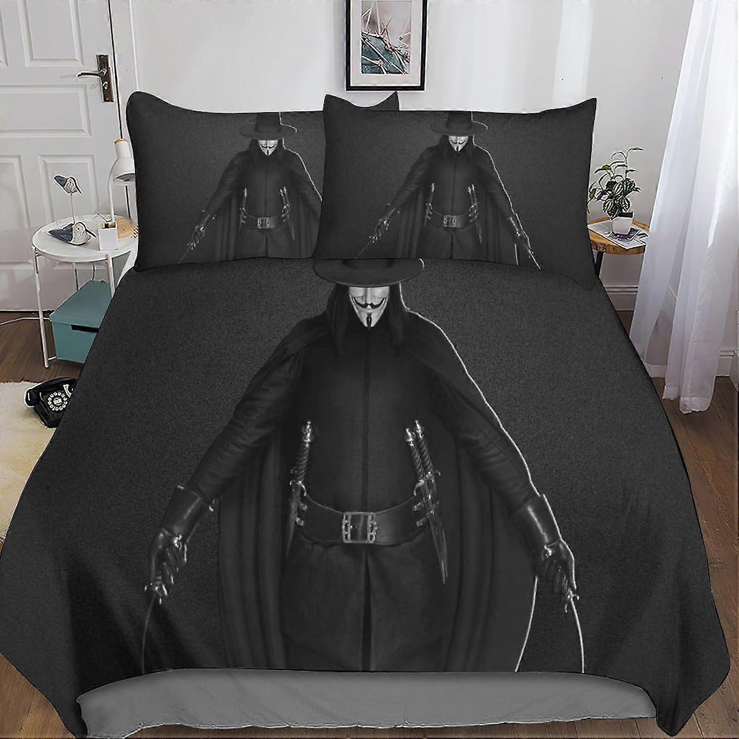 V for Vendetta Bedding Set with Microfiber Duvet Cover + Pillowcases 3D Printed Anonymous Duvet Cover Sets with Zipper Closure 3 Pcs