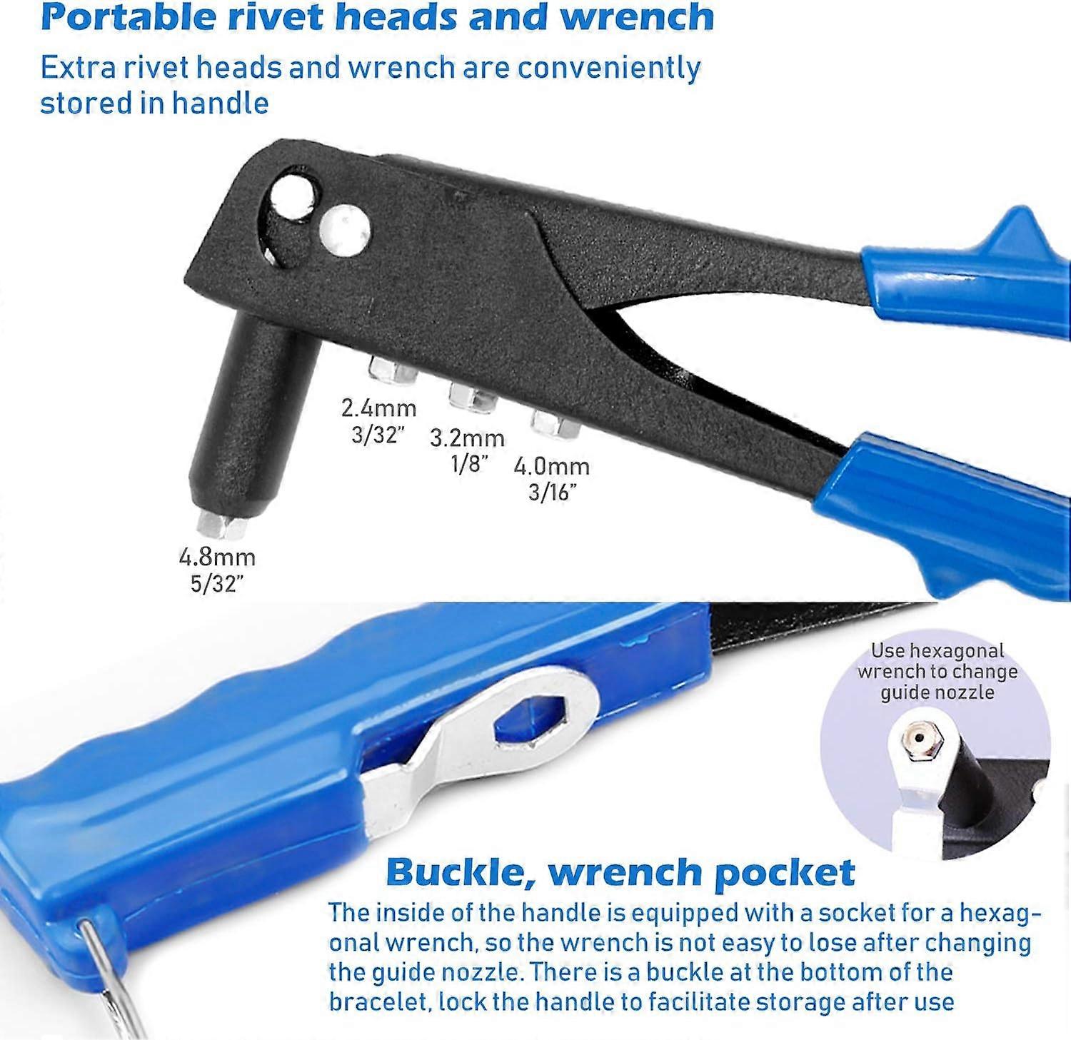 Manual rivet gun with four guide nozzles, ideal tool for home repairs