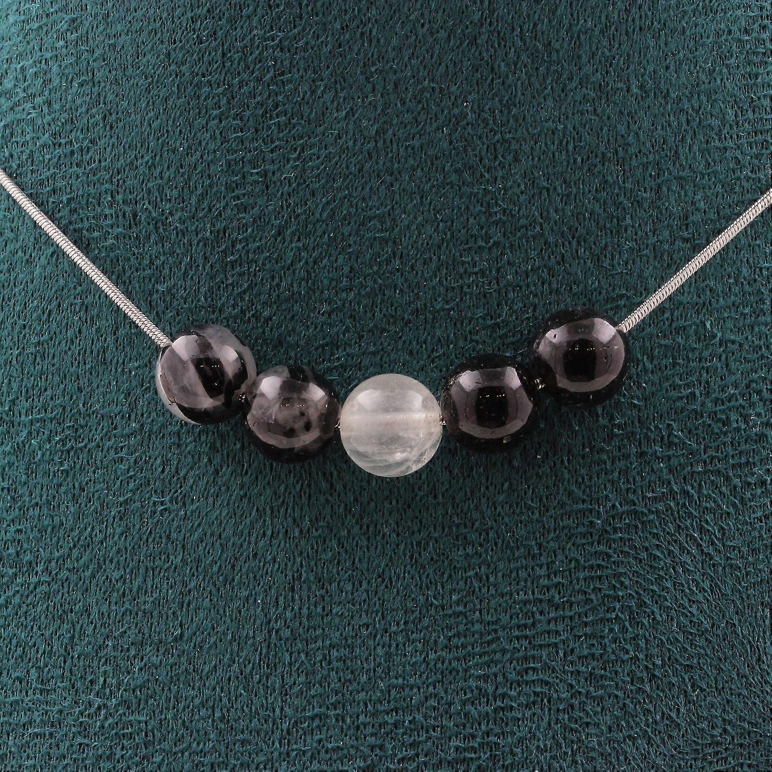 Necklace with 5 black rutilated quartz beads 8 mm, stainless steel chain