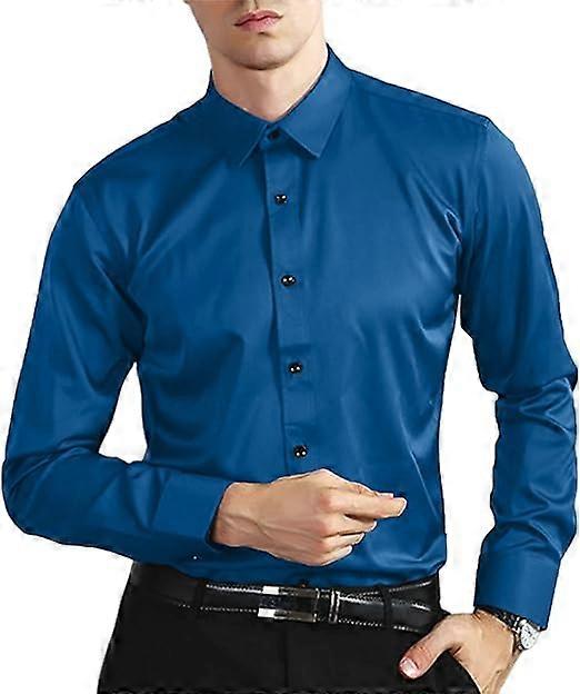 Mens Casual Shirts Long Sleeve Stretch Regular Fit Button Down Shirt Four-Sided Elastic Peacock Blue
