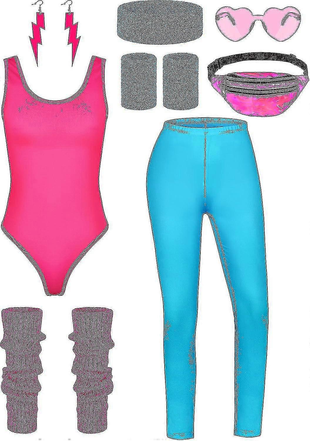 8 قطع النساء 80s تجريب زي هالوين 90S الزي الملحقات مجموعة ليوتار بوم حقيبة نظارات عقال الساق دفئاء- YH