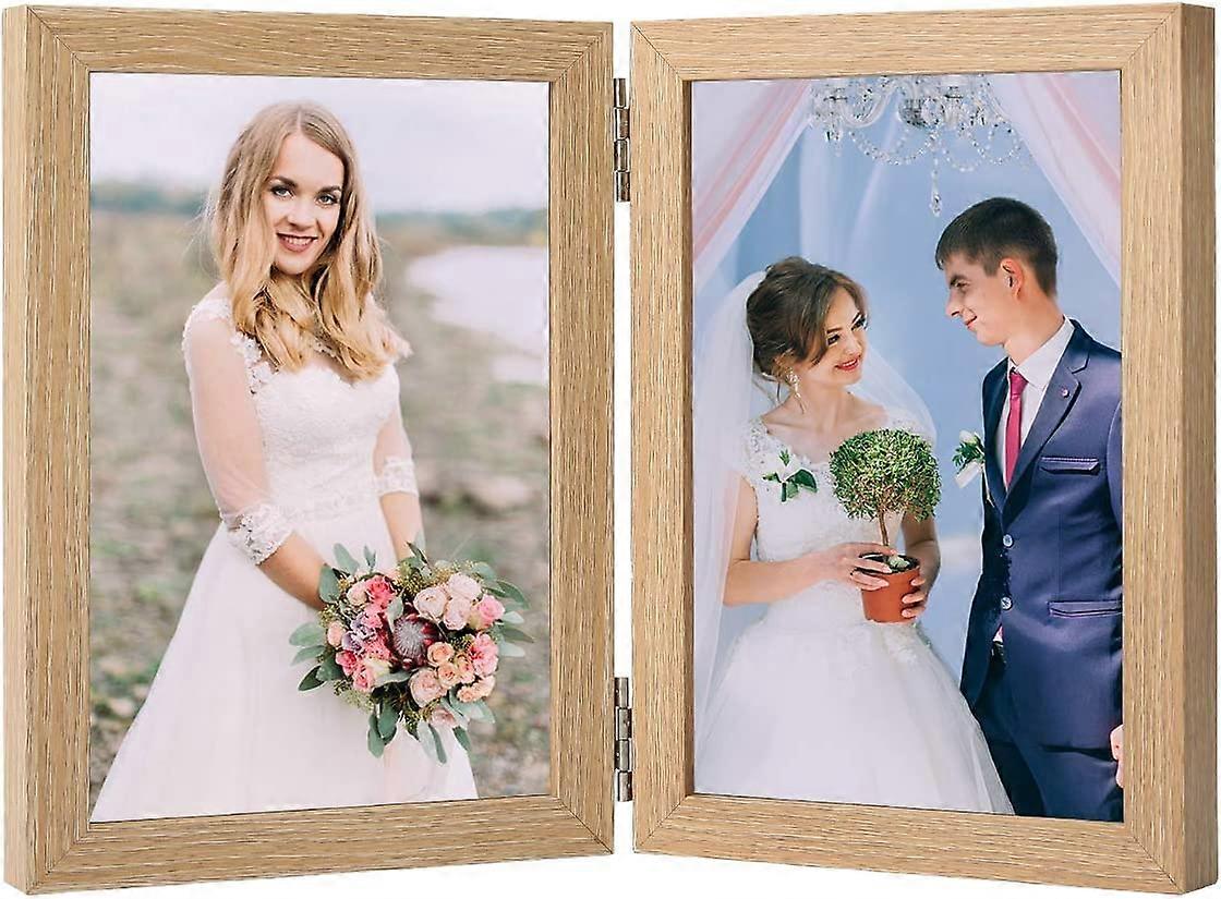 Wooden Photo Frame, Double Hinged Photo Frame, 4" x 6", Folding Double Frame Photo Frame, Desktop Photo Frame (Yellow)