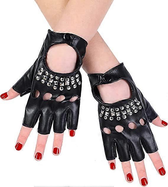 Women's PU Leather Punk Gloves Studded Strap or Buckle Half Finger Performance Gloves