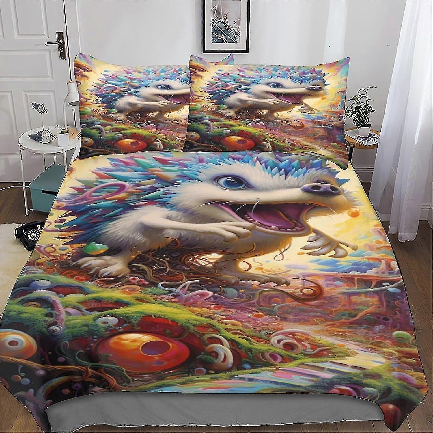 o5817 Lençóis Hedgehog Conjunto de capa de edredom 3D Conjunto de cama decorativa Microfibra Poliéster Thornball Capa de edredom com travesseiro, zíper, 3 peças