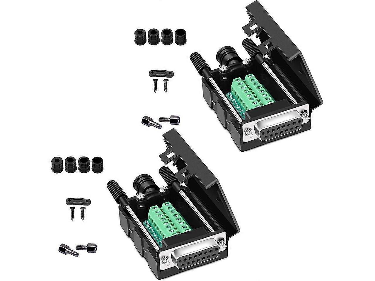 DB15 Solderless Serial to 15-pin Port Terminal Female Adapter Connector Breakout Board with Case Long Bolts Nuts (2PCS Female)