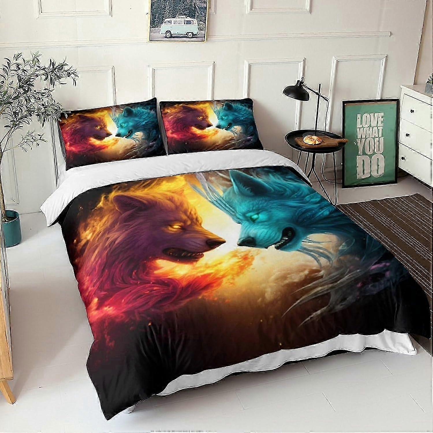 J379 Bed Sheets Ice Fire Wolf Duvet Cover Microfiber Bedding Set, 3D Print Colourful Animals Comforter Cover&Pillowcase, With Zipper Closure, Soft Qui