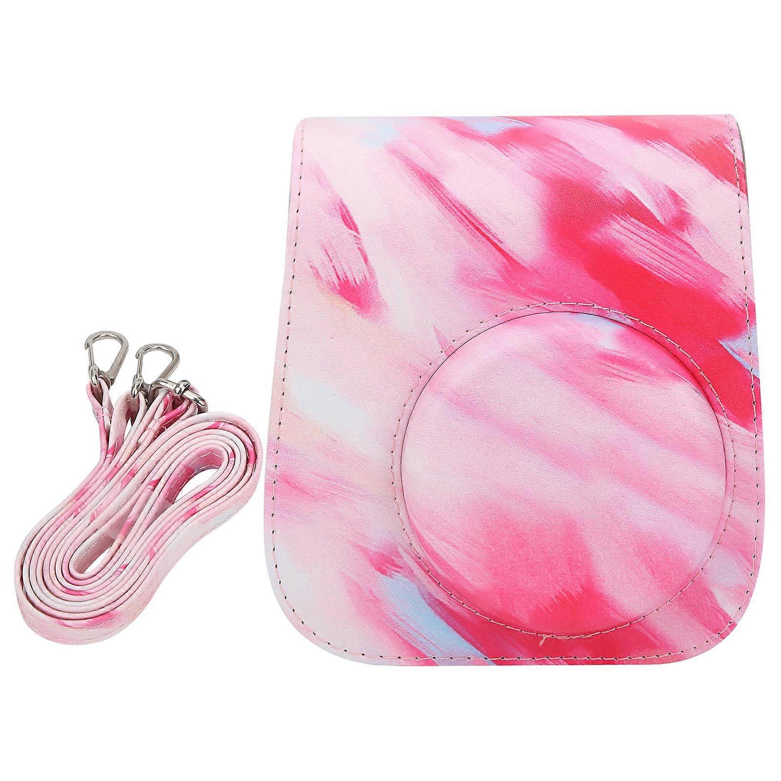 Pink Stripe Pattern PU Leather Camera Protective Case Shoulder Strap Camera Bag Fit for Fujifilm mini 11/9