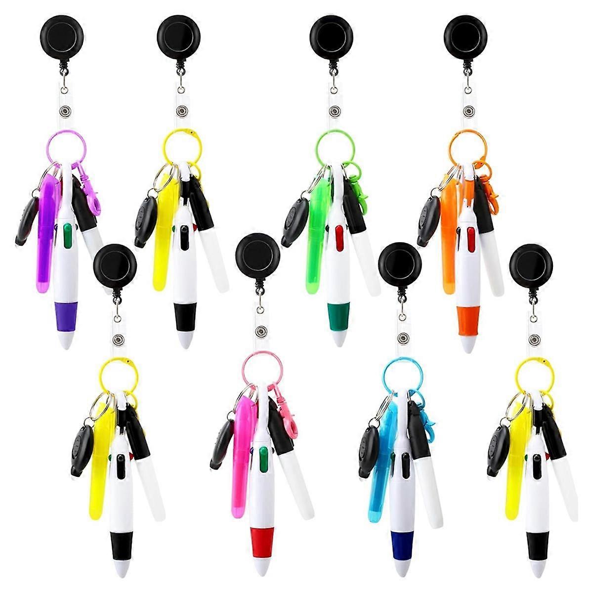 8Pack Badge Reel Pen Retractable -Pen with Mini Marker Pen Flashlight Key Ring Retractable Badge Ho