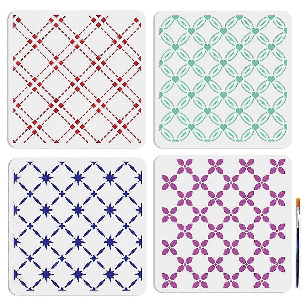 1 Set Grid PET Hollow Out Drawing Painting Stencils with 1Pc Art Paint Brushes for DIY Scrapbook Photo Album Mixed Shapes 300x300mm 4pcs/set