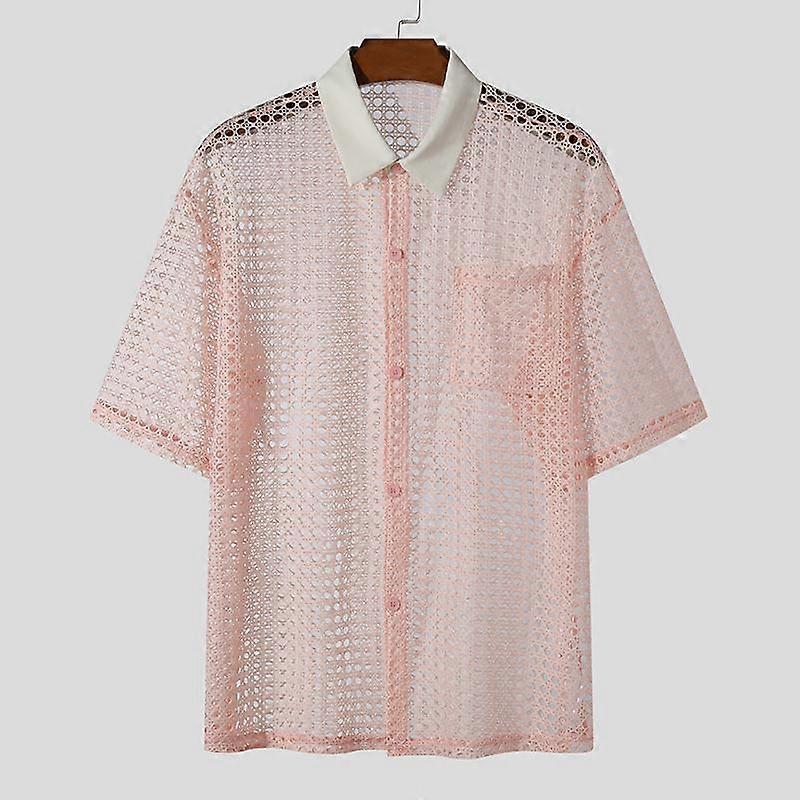 INCERUN Men Long Sleeve Hollow Out Tops See Through Buttons Lapel Neck Patchwork Shirts