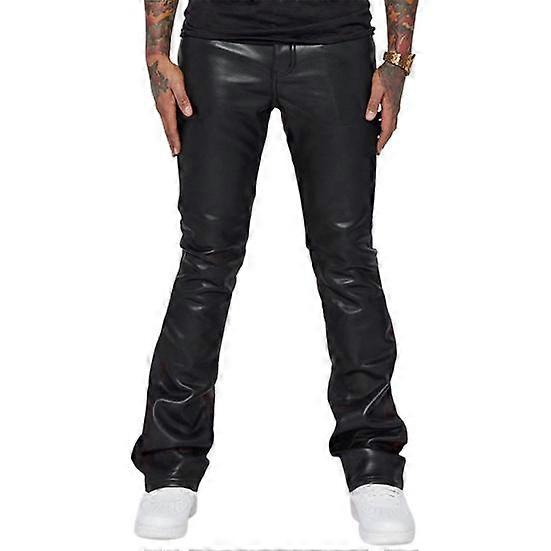 Men Faux Leather Pants Mid Waist Loose Smooth Solid Color Hip Hop Style Streetwear Party Club Performance Flared Trousers