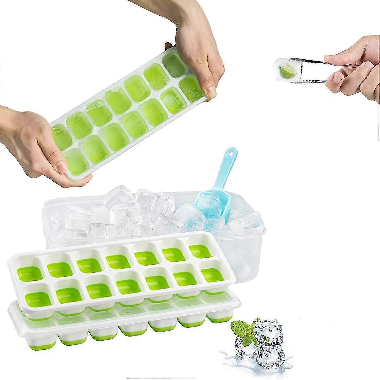 Ice cube trays, Set of 2 Flexible Silicone Trays with Lid, Ice Storage Container, Ice Scoop and Tongs, Perfect for Making Ice Cubes for Drinks