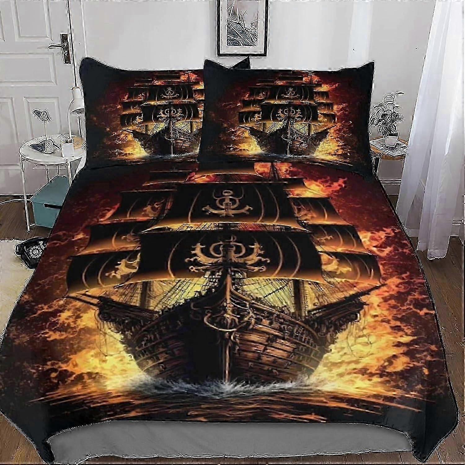 J3189 Lençóis Navio Pirata Imprimir Conjuntos de Cama com Fronha Capa de Edredão Macia Microfibra Escovada 2 PCs Conjunto de Capa de Colcha com Fecho de Zíper para Crianças