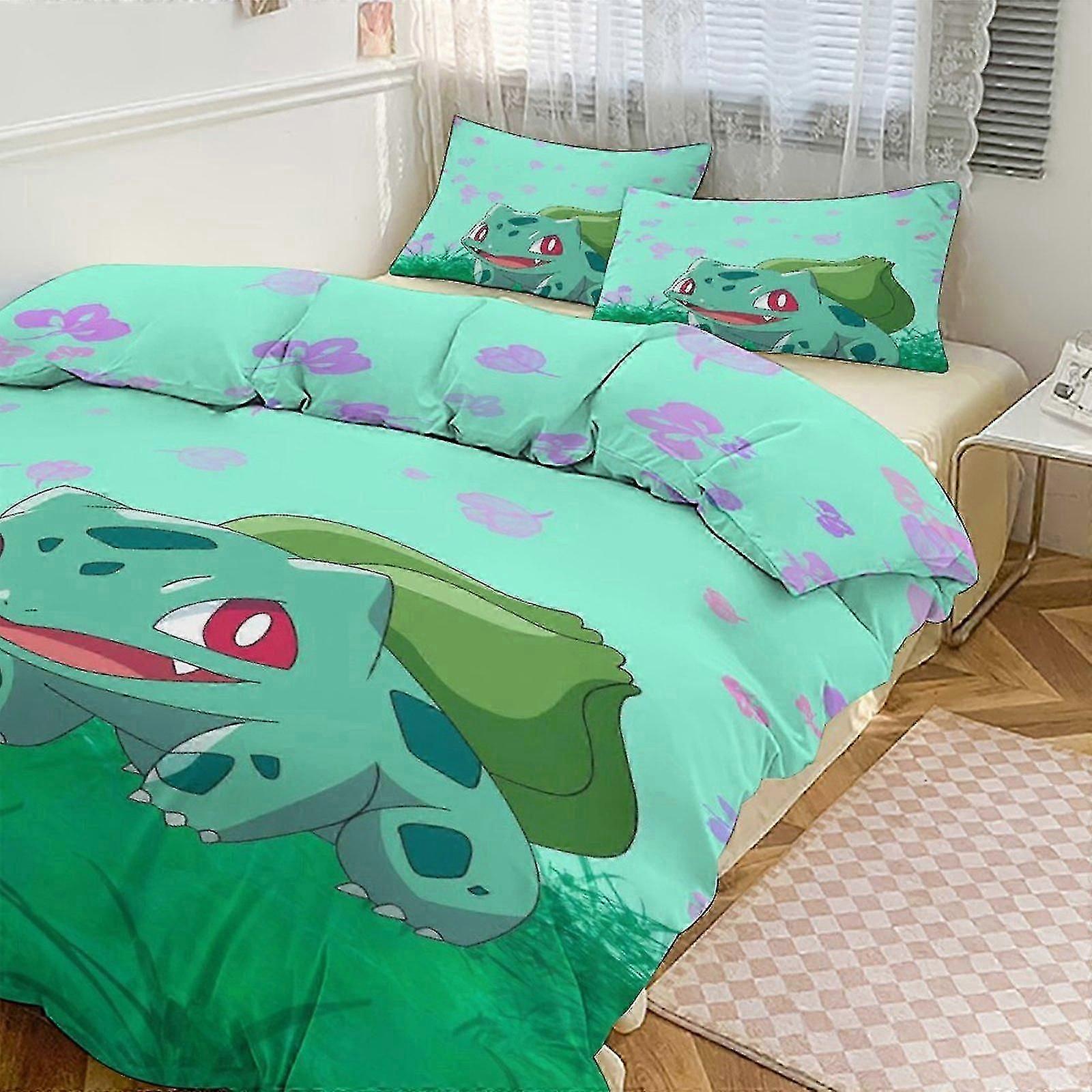n892 Lençóis de Cama Bulb_asaur Conjunto de Cama com Estampa Padrão Conjunto de Edredom Cove3 Peças Capa de Colcha e Fronhas para Mulheres Homens Adolescentes (1 Capa de Edredom e 2 Pil