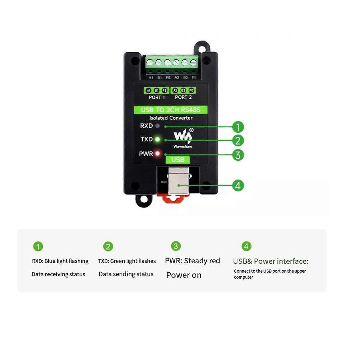 Waveshare USB zu 2 Kanal RS485 Isolierter Konverter in Industriequalität FT2232HL Unterstützung von Wall und Din R