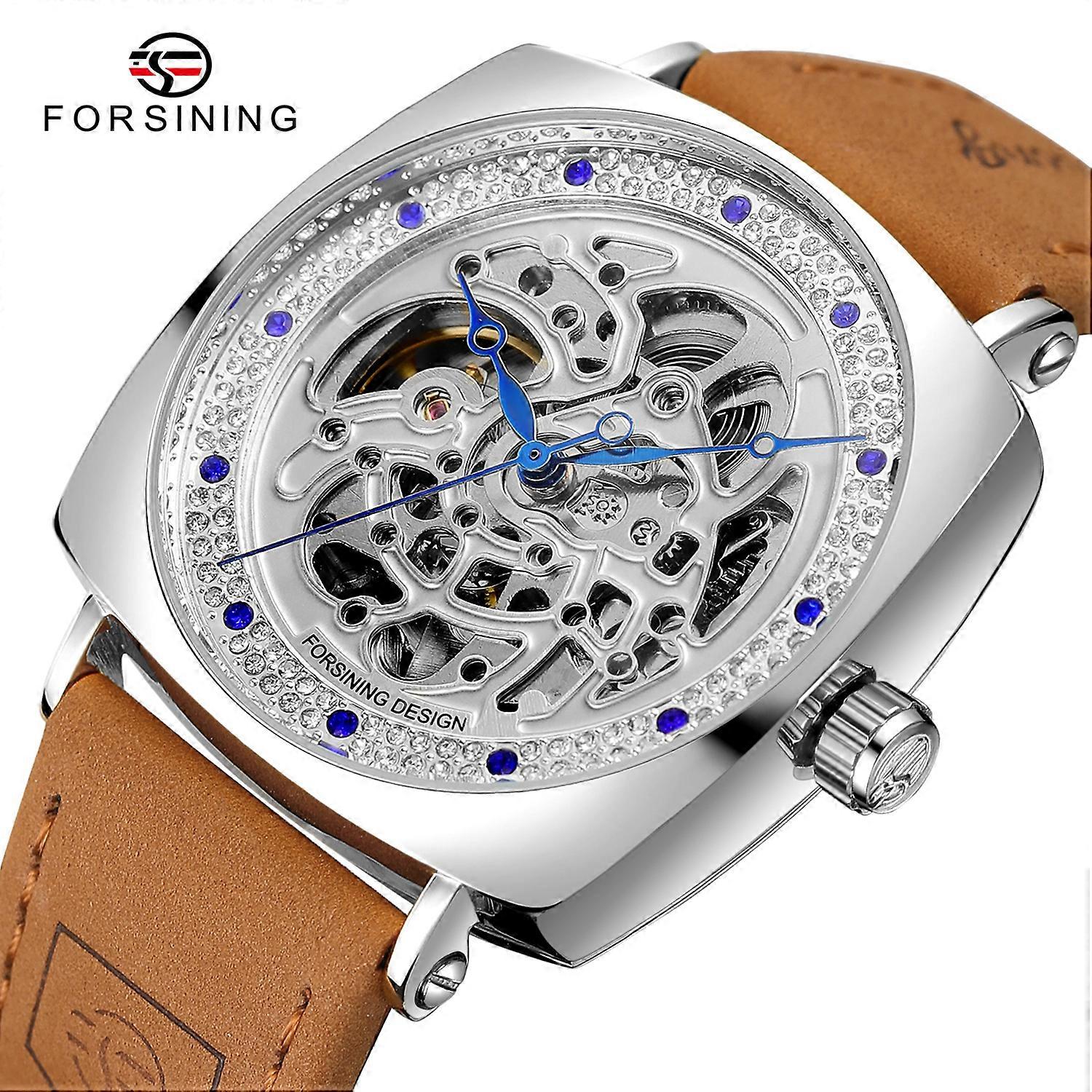 FORSINING Design Square Cattle Transparent Skeleton Leather Belt Diamonds Surround Automatic Mechanical Men Watch