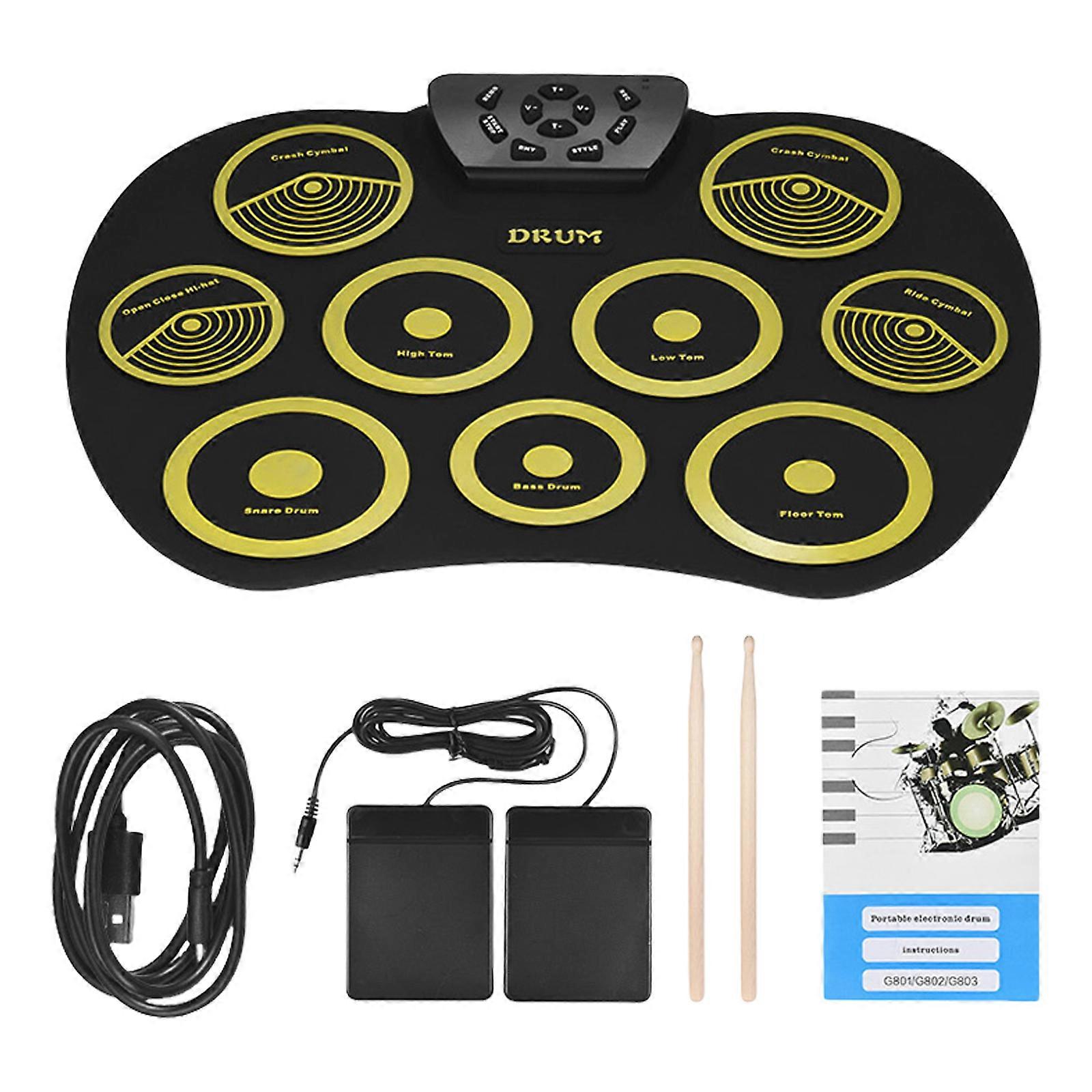 Electronic Drum Set 9 Pads Rolls-up Practice Drum Sets Built-in Speaker Headphone USB Jacks Kits for Kid Adults Beginner English yellow
