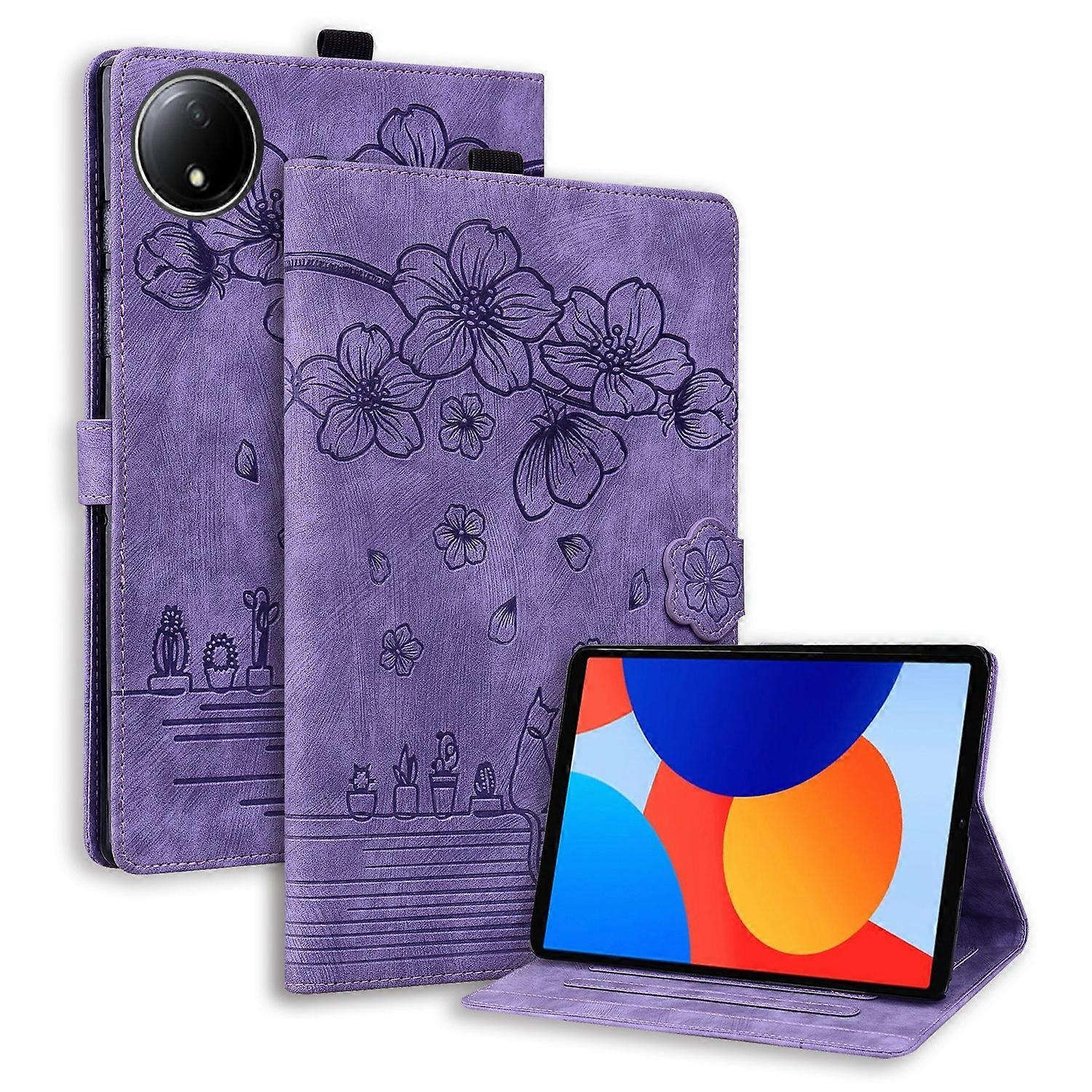 Cartoon Sakura Cat Embossed Leather Tablet Case