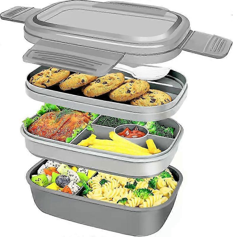 お弁当箱大人用ランチボックス、積み重ね可能なランチボックスコンテナ、サラダボウル、3段1.9L食品容器、3つの道具、8.5 * 5.7 * 3.9インチ-グレー