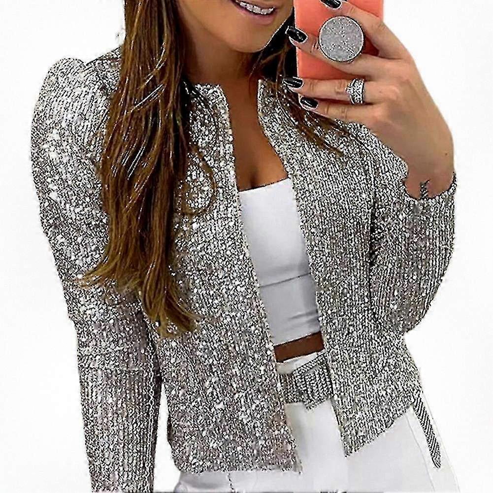 Casual Long Sleeve Sequin Jacket for Women with Open Front Design and Collarless Glitter Short Coat Style