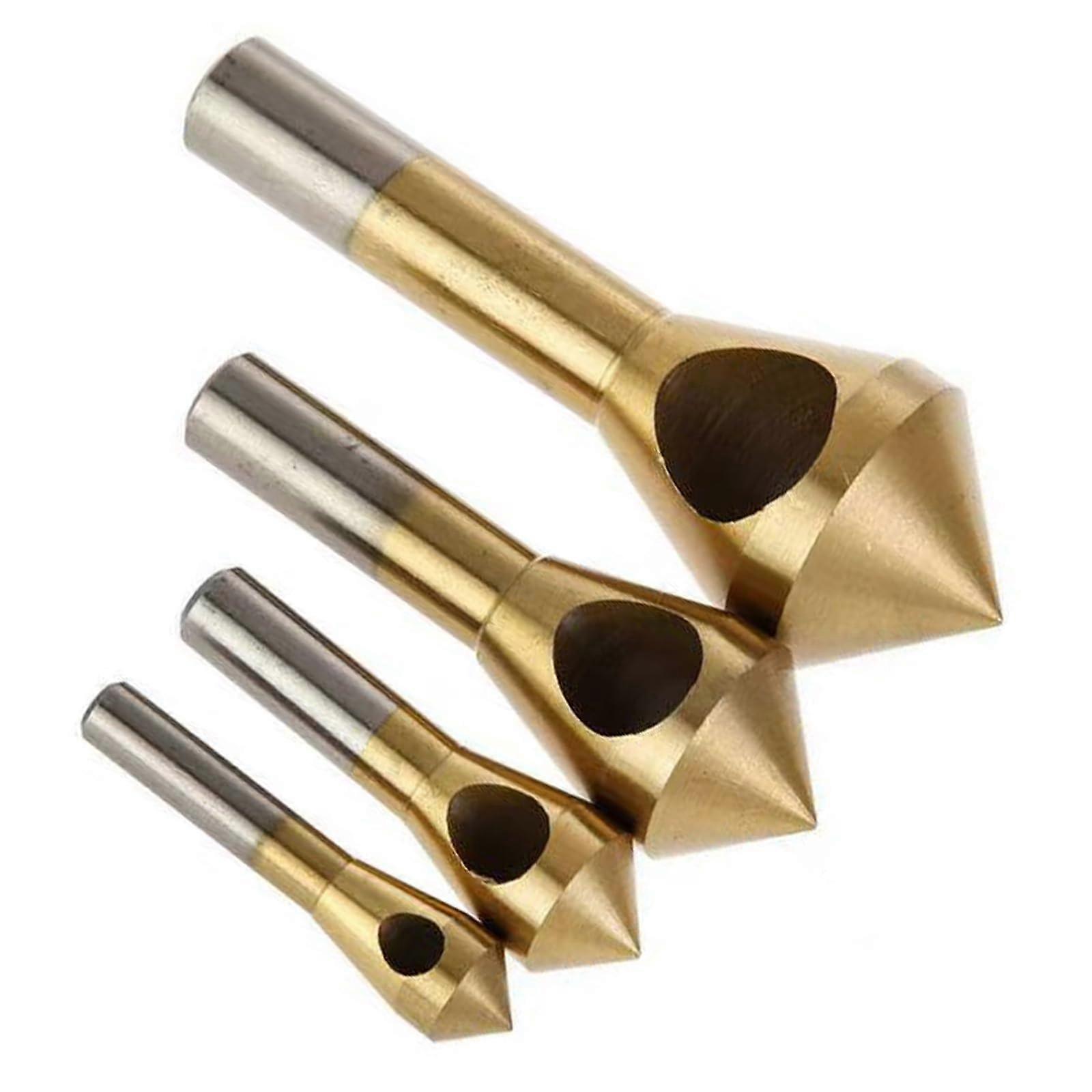 4pcs Titanium Coated Countersink Chamfer Deburring Tool Set, High-Speed Steel 6542, Sizes 2-5mm, 5-10mm, 10-15mm, 15-20mm