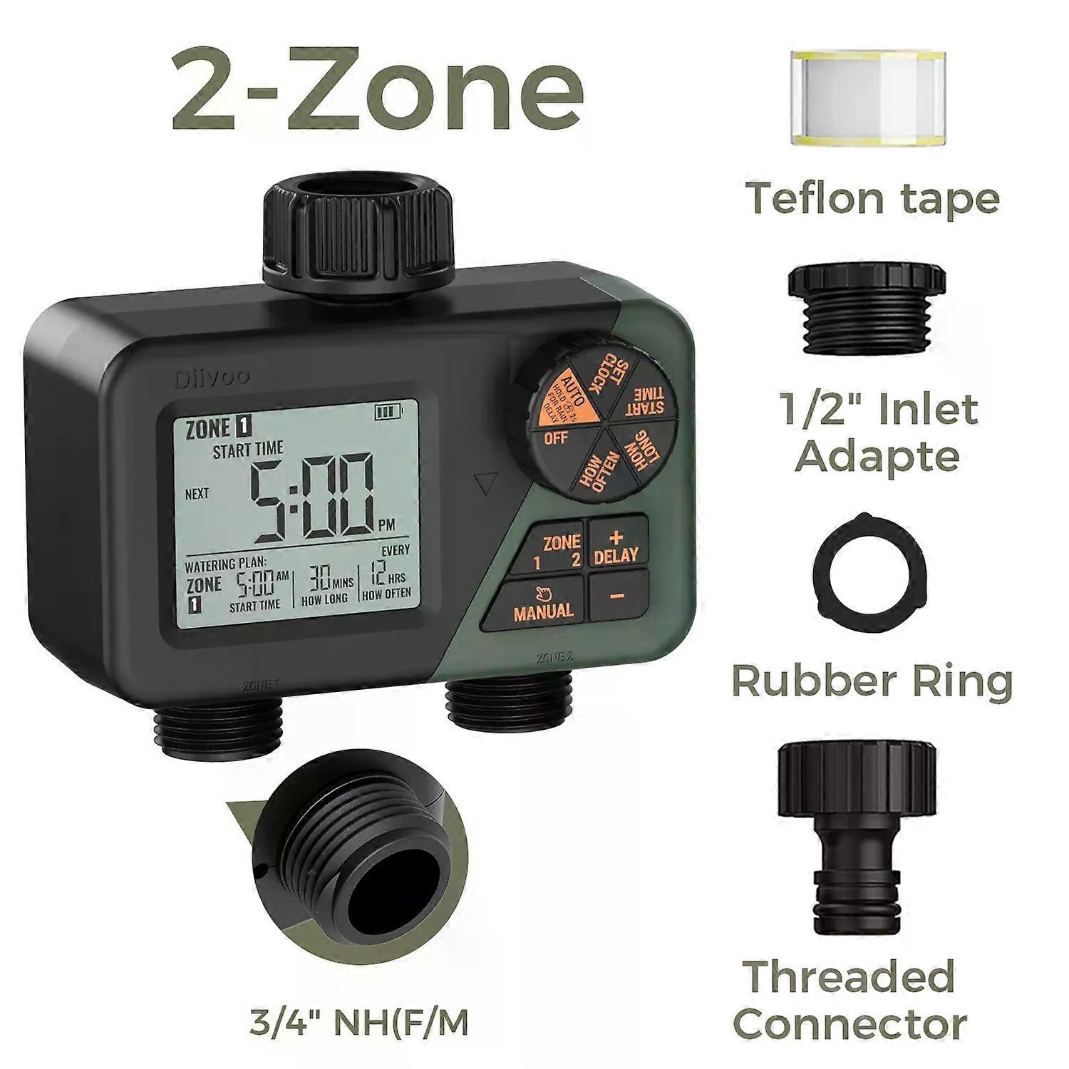 Diivoo Garden Water Timer 2 Outlets IPX5 Waterproof Multi-Functional Automatic Irrigation Timer with Rain Delay/Manual/Auto Mode