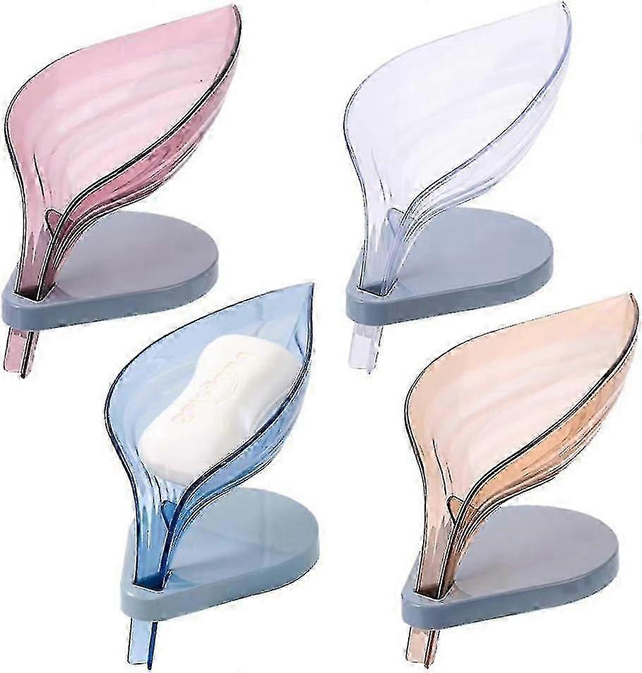 4 Pcs Leaf Shape Soap Holder,Self Draining Soap Dish With with Suction Cups,Decorative Soap Box