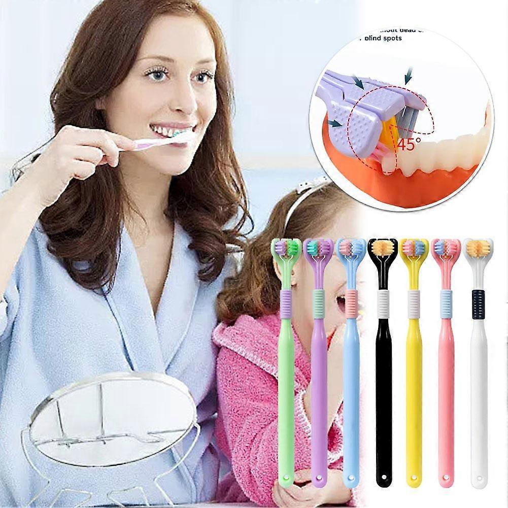 فرشاة أسنان بيضاء (F) $Three جوانب بشعيرات ناعمة للبالغين لكشط طلاء اللسان ، ثلاثة رؤوس على شكل حرف U ، لون معكرون