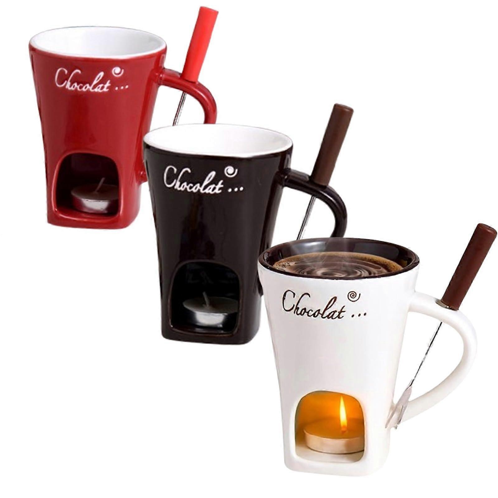 Chocolate Fondue Cup 200ml, Ceramic Chocolate Fondue Set for Cheese and Caramel, 3-piece in White, Red, Brown