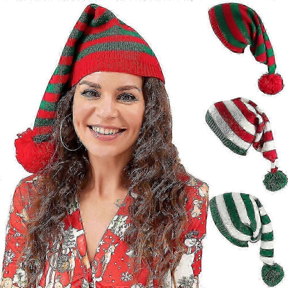 Festlig stickad tomteluva med Pom Pom - Varm randig vintermössa för Herr & Dam