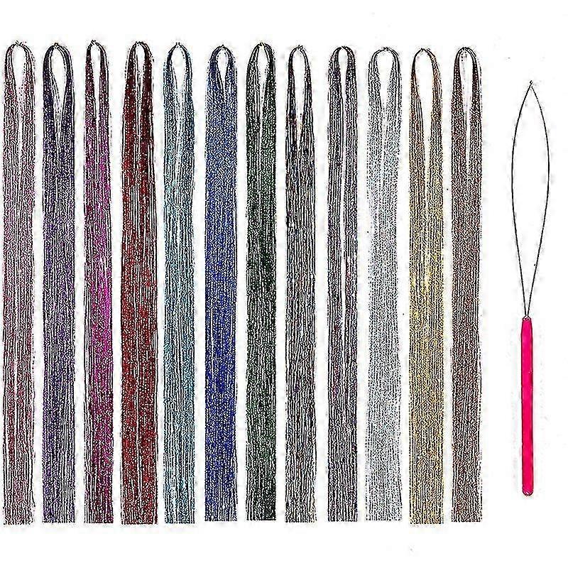 Sparkling Fairy Hair Tinsel Kit with 12 Color Strands and Application Tool, 47 Inches Long, for Shiny Hair Extensions and Glittery Effects