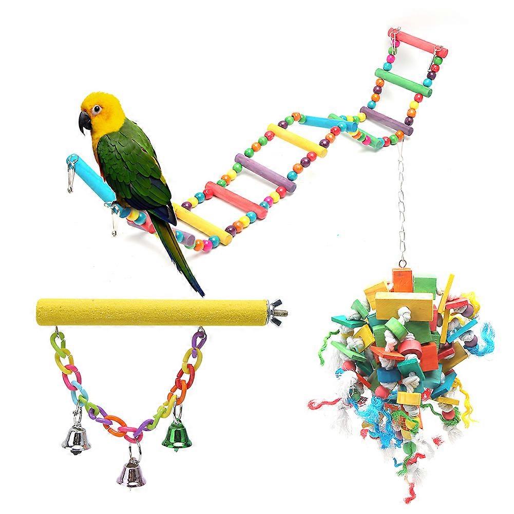 3PCS Bird Hanging Colorful Blocks String Frosted Rod Ladder Swing Parrot Biting Chewing Toy Cage Accessory