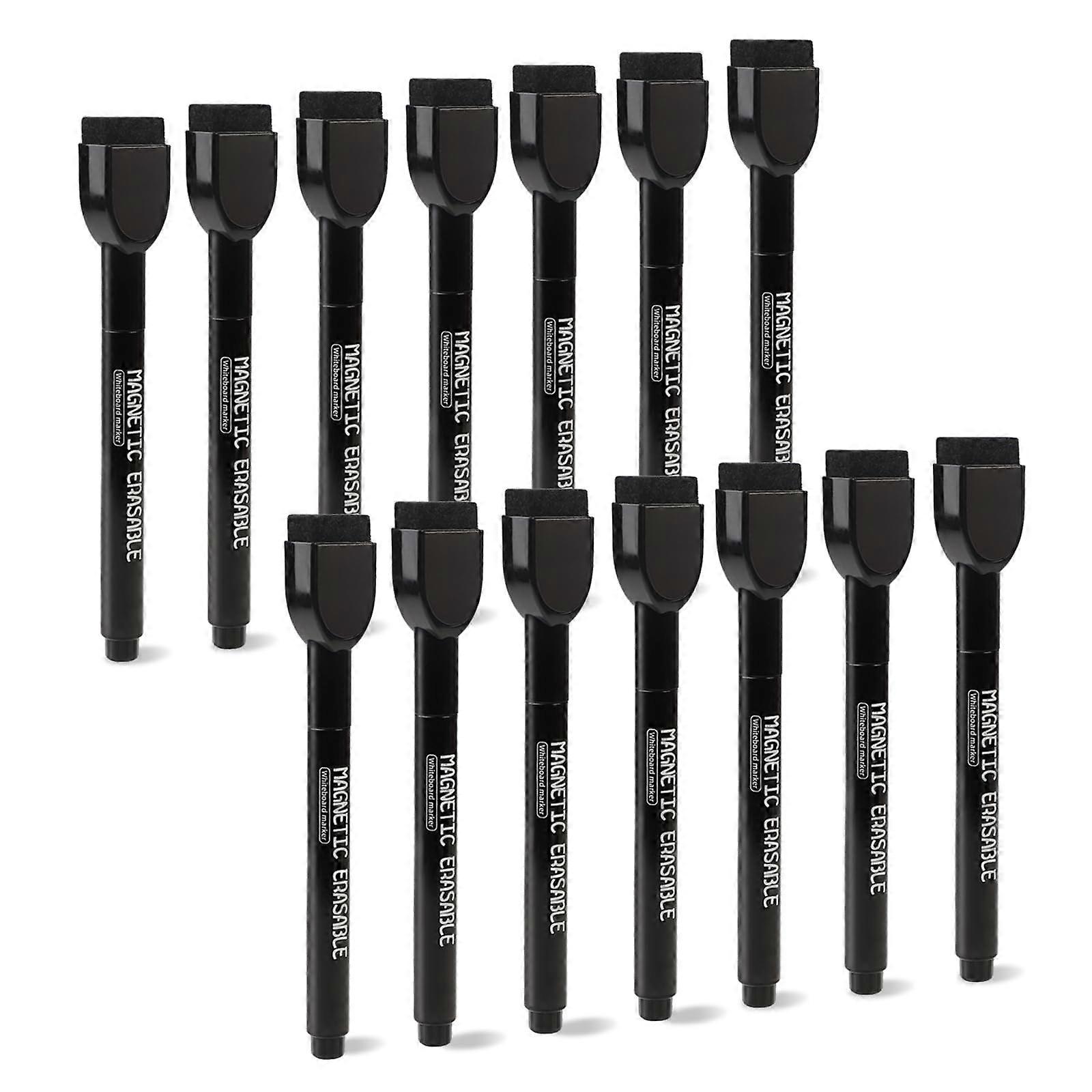 Whiteboard Markers Pack Of 14 Black Fine-Tip Foil Pen Magnetic Wipe-Clean Water-Soluble With Sponge Wipe